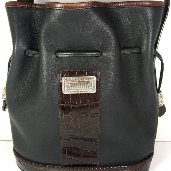 Bucket Bag Vtg Black Leather Brown Reptile Print - Picture 1 of 8